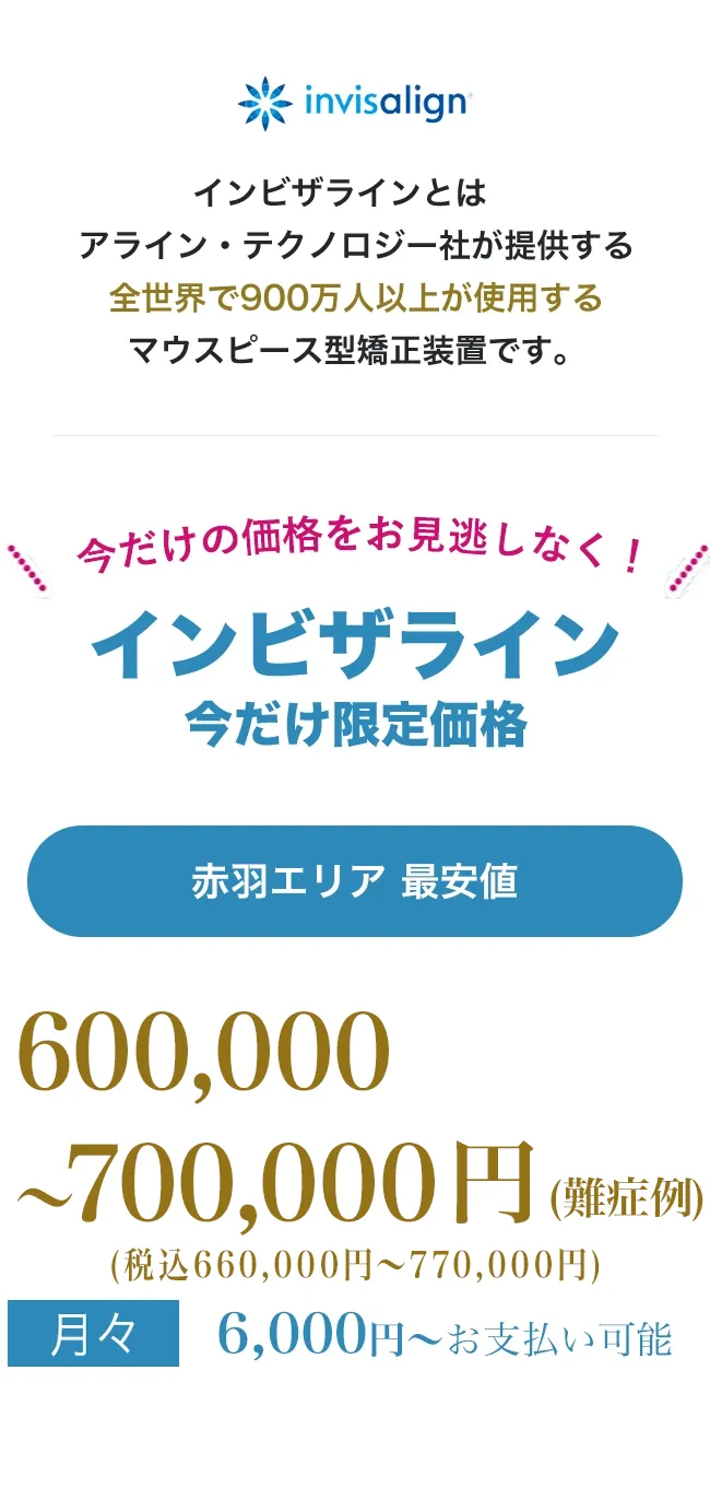 point01痛みが少ない目立たないpoint02人前に立つ機会の多い方、人生の大切なイベントをひかえた方でも安心地域最安値インビザラインとは、アライン・テクノロジー社が提供する全世界で900万人以上が使用する世界シェアNo.1のマウスピース型矯正装置です。